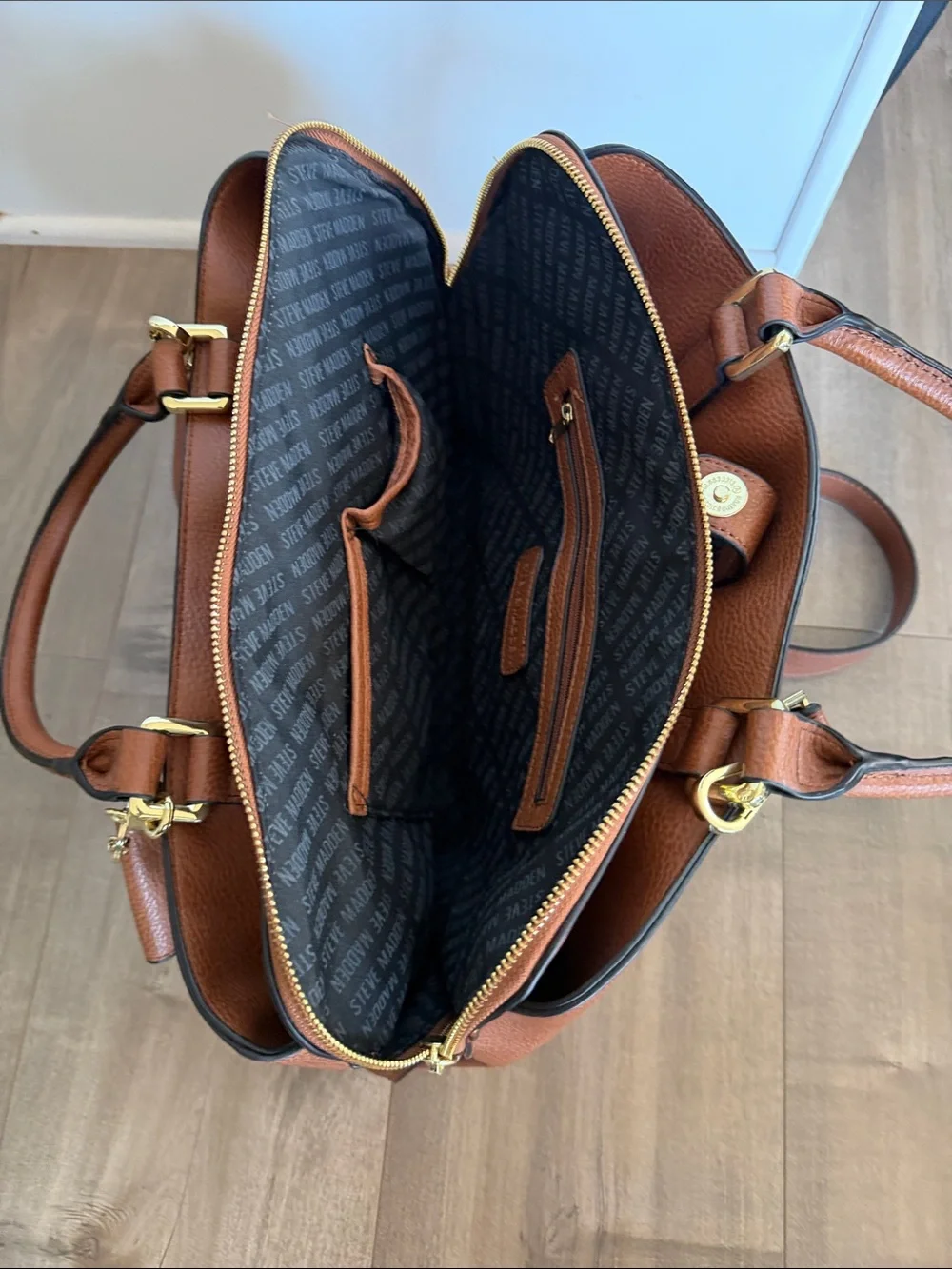 Steve Madden Brown Leather Top-Handle Satchel Bag with Gold Hardware